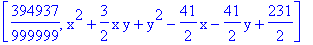 [394937/999999, x^2+3/2*x*y+y^2-41/2*x-41/2*y+231/2]